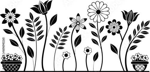 Black flower vector set feature abstract floral design silhouettes, and geometric patterns. Ideal for decoration, logos, and design projects. Includes minimalist botanical elements for creative illust