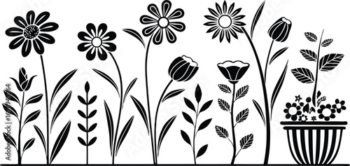 Black flower vector set feature abstract floral design silhouettes, and geometric patterns. Ideal for decoration, logos, and design projects. Includes minimalist botanical elements for creative illust