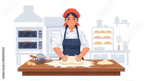 Artisan's touch in the Kitchen: A skilled baker, enveloped in an apron, kneads dough with care and expertise, bringing the craft of baking to life.