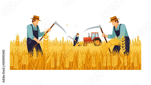 Harvest Scene: Farmers reaping golden wheat fields with scythes and a tractor, embodying labor, tradition, and the bounty of agriculture.