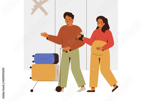 young couple go with full luggage cart at the airport. man and pregnant woman with suitcases and tickets in hands in the hall departure terminal. family travel by plane. Vector illustration