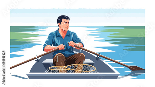 Serene Rowing in Lake: A focused rower navigates a tranquil lake with a traditional boat. Experience the peace of the water as the rower glides across the serene lake. 