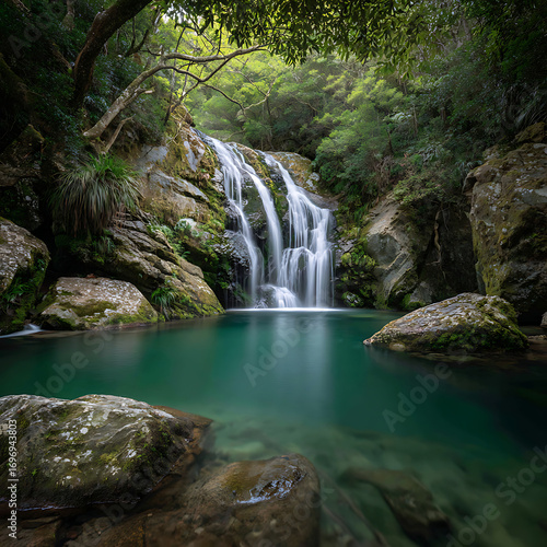 Lush green forest surrounds a tranquil waterfall cascading into a clear turquoise pool
