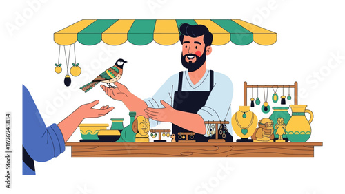 Market Artisan: Depicts an artisan at their market stall, interacting with a customer, surrounded by handcrafted products and a charming bird on hand. Evoking a scene of commerce and craftsmanship