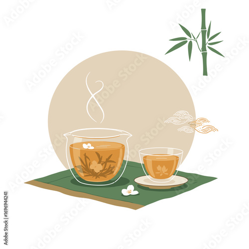 Contemporary Chinese vector illustration of jasmine tea in glass gaiwan with rising steam, elegant and minimal composition on soft rice-colored cloth