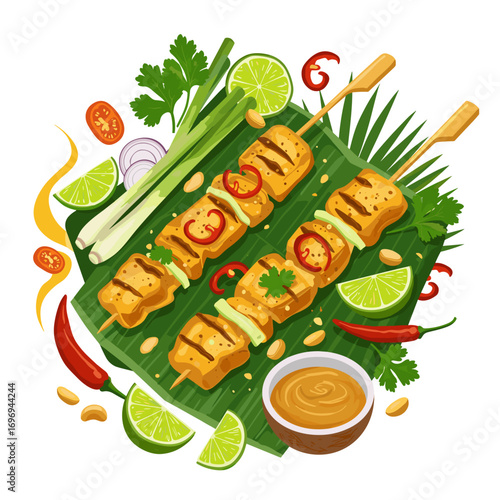 Grilled chicken satay with peanut sauce in modern Thai food style, lively vibrant vector illustration with tropical contrast and ornamental motion