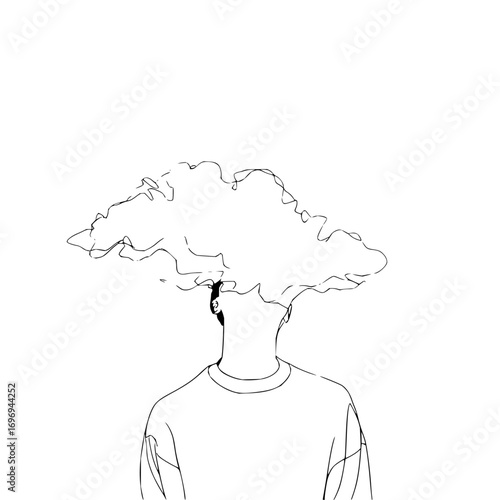 Person with a cloud above their head in a minimalist line drawing style on a white background art piece