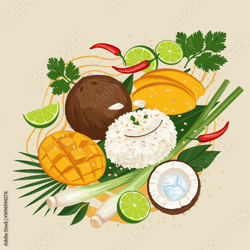 Coconut mango sticky rice with sesame seeds in modern Thai food style, lively vibrant vector illustration with tropical contrast and ornamental motion