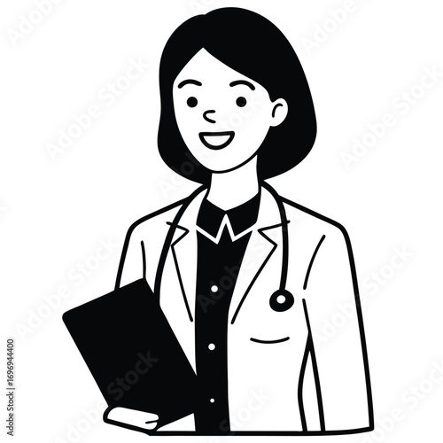 Female doctor holding clipboard and smiling confidently
