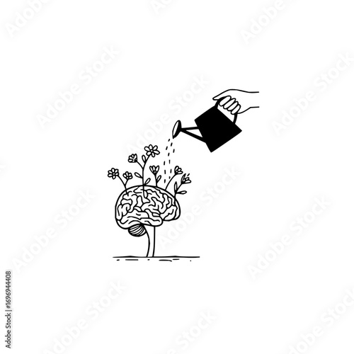 A stylized brain with flowers growing out of it being watered by a watering can in a black and white drawing