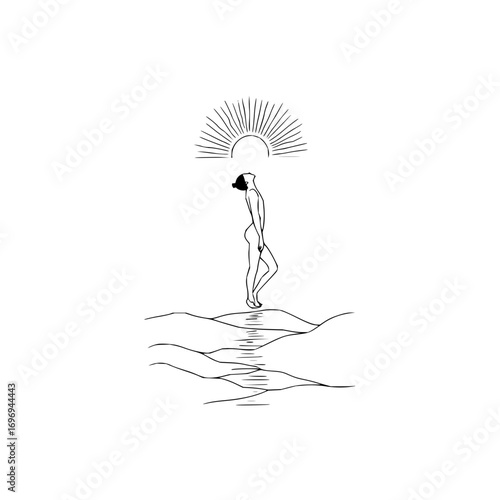 Line art of a nude woman gazing at a sunburst above water with a minimalist landscape drawing style