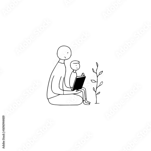 Illustration of a parent and child reading a book together next to a plant in a minimalist style