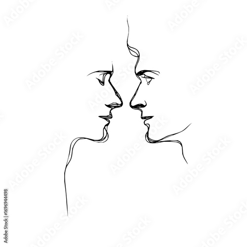 Two faces in profile facing each other with one person shedding a tear in a minimalist line drawing