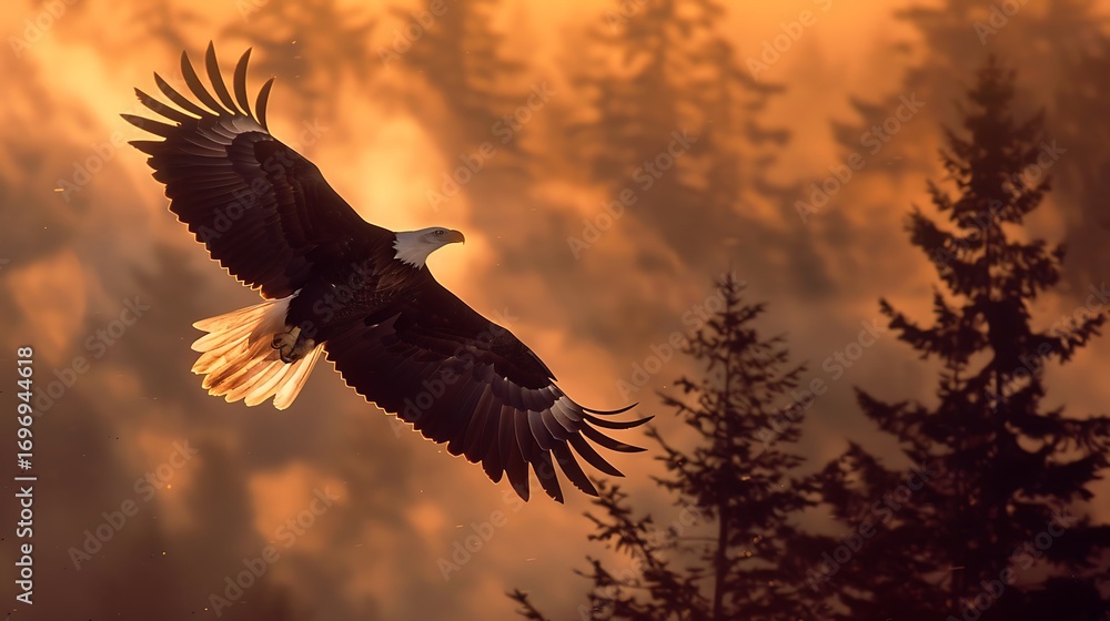 Fototapeta premium Illustration of a bald eagle takes flight amidst a golden sunset, its silhouette framed by the misty forest, creating a breathtaking scene of natures beauty