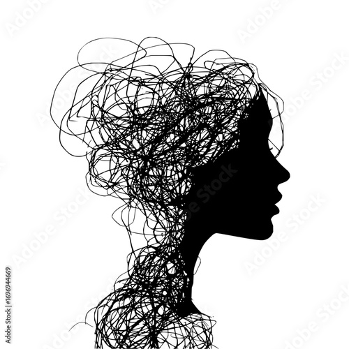 Silhouette of a woman with tangled lines forming hair and neck in black and white monochrome art