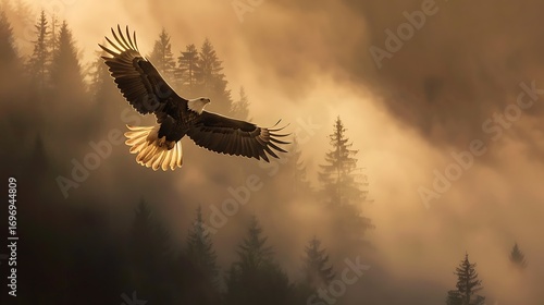 Wallpaper Mural Illustration of a majestic bald eagle soars through a misty forest, its wings catching the golden light as it navigates the dense trees and ethereal atmosphere Torontodigital.ca