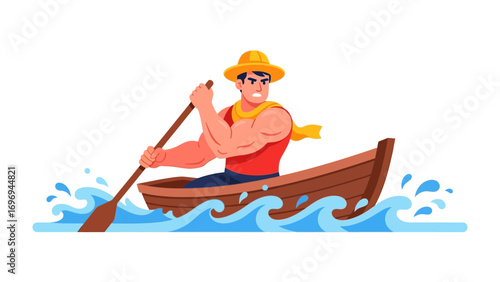 Rowing into Adventure: A strong individual steers a wooden boat across a body of water, wielding an oar with purpose, embracing the thrill of adventure.