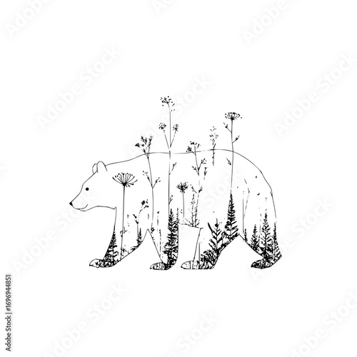 Silhouette of a bear filled with plants and trees in black and white artistic representation style