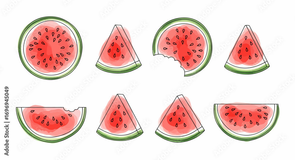 Naklejka premium A collection of eight vibrant watermelon slices in a minimalist line art style, with fresh red and green watercolor washes. Refreshing fruit illustrations isolated on white