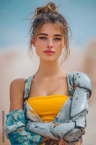 Fashion portrait of young woman with bright blue eyes, loose messy bun hairstyle, wearing yellow top with patterned jacket and metal shoulder armor, outdoor bohemian style photography
