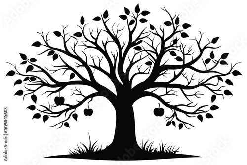 Black Silhouette of Apple Tree with Fruit, Leaves and Grass Vector Illustration