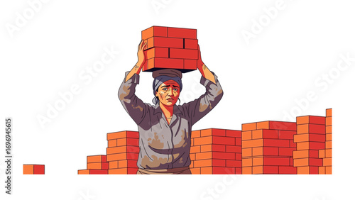 Brick-Bearing Burden: A determined construction worker meticulously balances a load of red bricks atop her head, signifying dedication and perseverance in the face of hard labor.