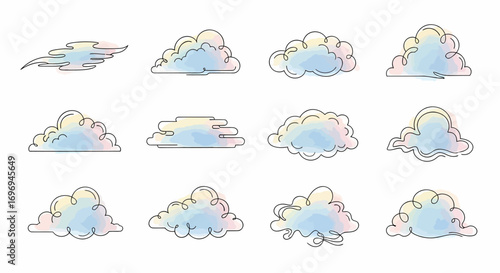Minimalist watercolor cloud illustrations, line art style, sky blue hues, isolated on white background, collection of sky elements