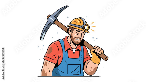 Weary Miner After Shift: A determined miner, shouldering his pickaxe, reflects the grit and perseverance of industry, showcasing the strength of dedicated hard work after work.