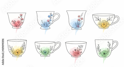Collection of eight delicate watercolor teacups with floral designs, perfect for cafes and tea rooms