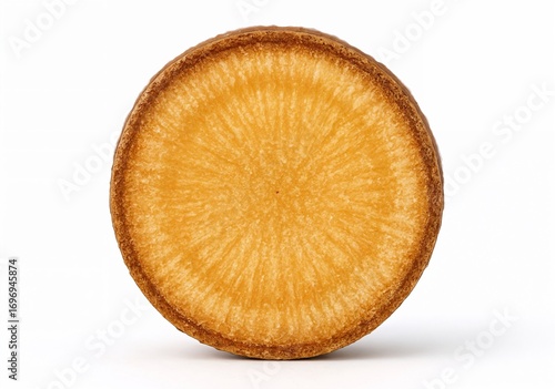 Single Cistanche Desert Ginseng root slice isolated on white background for supplement label herbal superfood and nutrition health product design