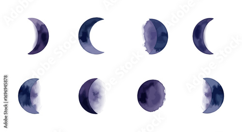 Watercolor moon phases set of eight. Celestial lunar cycle from new to full, in soft indigo and purple hues, isolated on white. Great for cosmic and spiritual designs