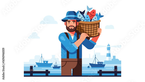 Harvester's Bounty: A fisherman proudly carries a woven basket brimming with a fresh catch of vibrant fish, embodying the essence of a fruitful day at sea.