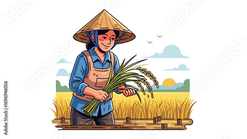 The Rice Harvest: An Asian farmer, adorned in traditional attire, delicately gathers a bundle of golden rice stalks, a symbol of the bountiful harvest.