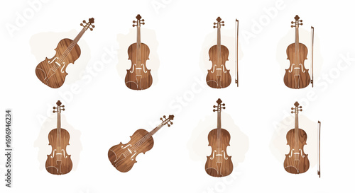 Collection of Eight Watercolor Violin Illustrations in Various Angles on a White Background