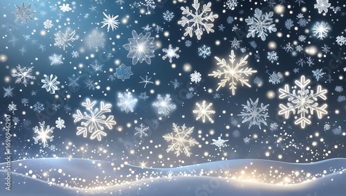 Animated winter wonderland scene with falling snowflakes and sparkling snowscape background