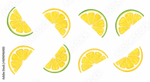Eight vibrant citrus fruit slices, featuring yellow lemon and green lime, presented as clean, minimalist graphic illustrations with subtle green rinds