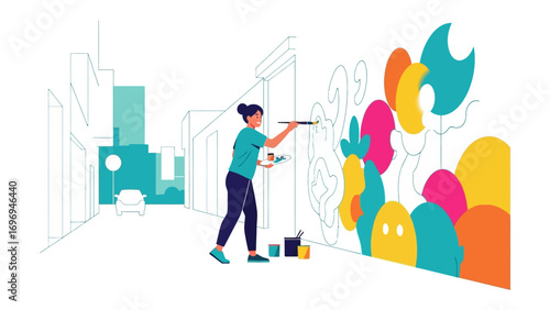 Artistic Mural Creation: An artist, armed with a brush and colorful palette, brings a vibrant mural to life on a city wall.  Capturing the essence of urban art and creative expression