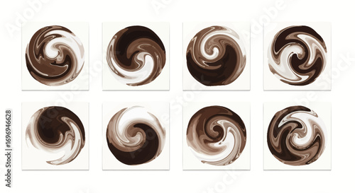 A pack of eight modern abstract designs featuring swirling brown liquid patterns, resembling melted chocolate or creamy coffee isolated on white