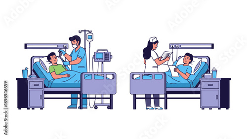 Patient Care in Hospital: Two illustrations depict hospital rooms where patients receive care from attentive medical professionals. Capturing the core of medical care.
