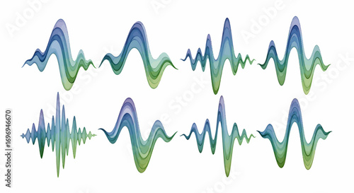 Eight abstract sound wave visualizations crafted with elegant watercolor brushstrokes, featuring dynamic color transitions of blue and green on a pure white background