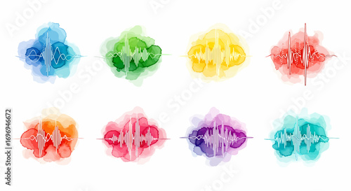 Abstract watercolor sound wave collection, vibrant and minimalist design for digital art and audio visualization