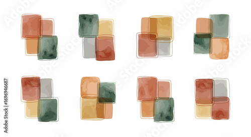 Abstract Geometric Composition in Earth Tones - A Set of 8 Minimalist Watercolor Blocks