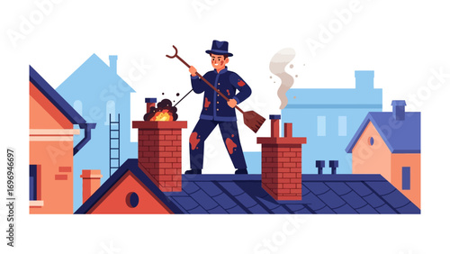 Chimney Sweep on Rooftop: A chimney sweep, silhouetted against the vibrant cityscape, tends to a chimney with precision, offering a glimpse into the age-old craft and a commitment to home safety.