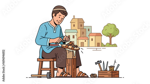Artisan at Work: An artisan meticulously crafts a sandal in a quaint setting, surrounded by essential tools, showcasing the artistry of craftsmanship.