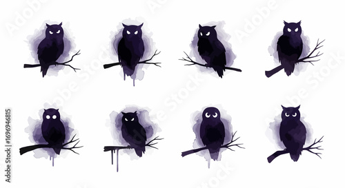 Owl Silhouettes on Branches Watercolor Design Set in Purple and Black