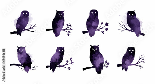 A pack of eight minimalist watercolor designs of owls, using bold purple and dark washes, with bright eyes, perched on branches, isolated on white