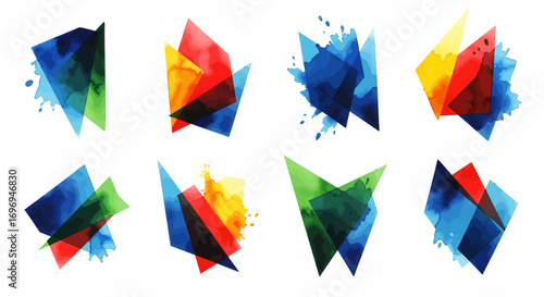 A collection of vibrant watercolor geometric forms and abstract shapes. Minimalist design elements featuring dynamic, overlapping colors and paint splatter textures isolated on a white background