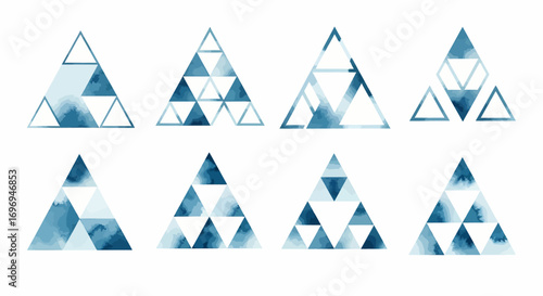 A pack of eight minimalist abstract watercolor triangle designs, with tranquil blue and white washes, isolated on a pure white background, perfect for modern graphic art and decorative projects
