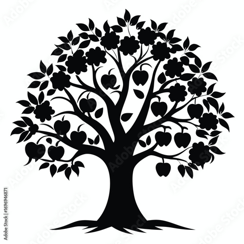 Silhouette Apple Tree with Fruits, Leaves, and Flowers Illustration Isolated Graphic Design