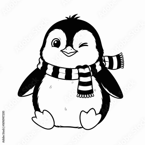 A delightful black and white illustration of an adorable, winking baby penguin wearing a cozy striped winter scarf, sitting cheerfully and isolated on a clean white background
